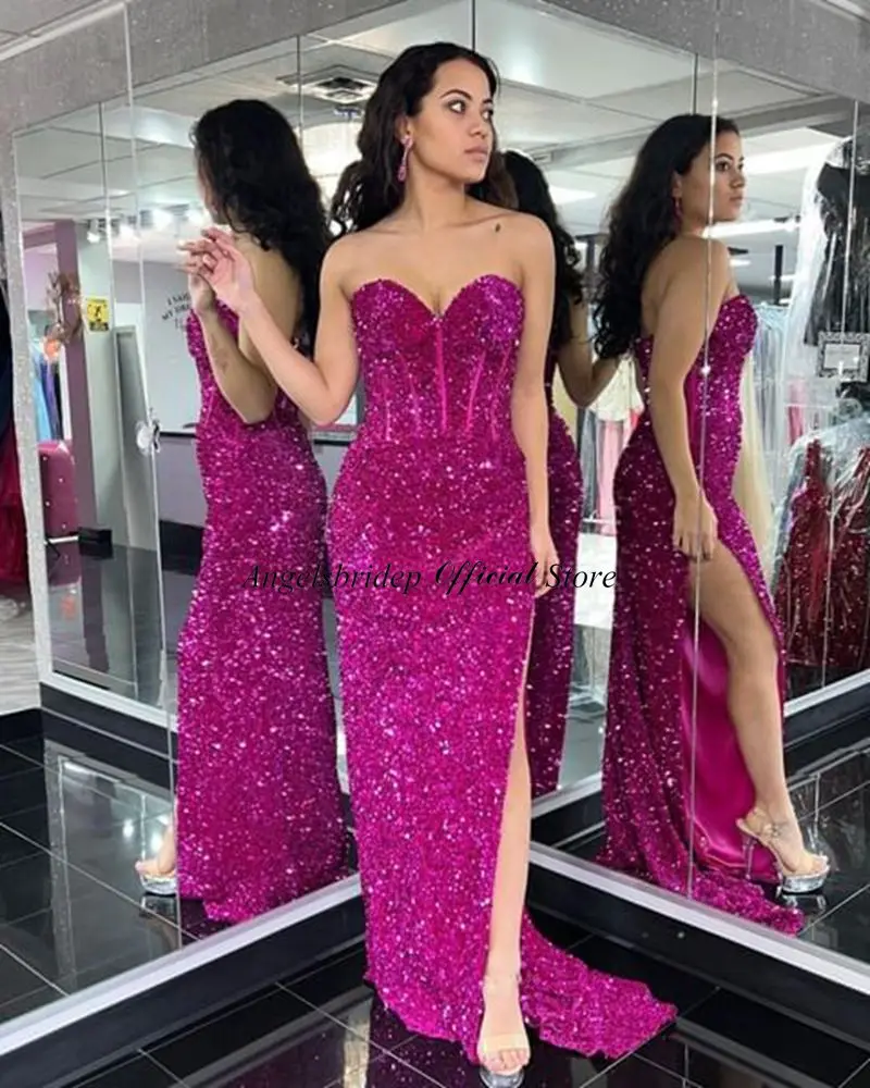 Angelsbridep Fuchsia Mermaid ชุดราตรีพิเศษโอกาสผู้หญิงสวมใส่พรหมชุด Sweetheart Slit Saudi Arabia Gowns อย่างเป็นทางการ