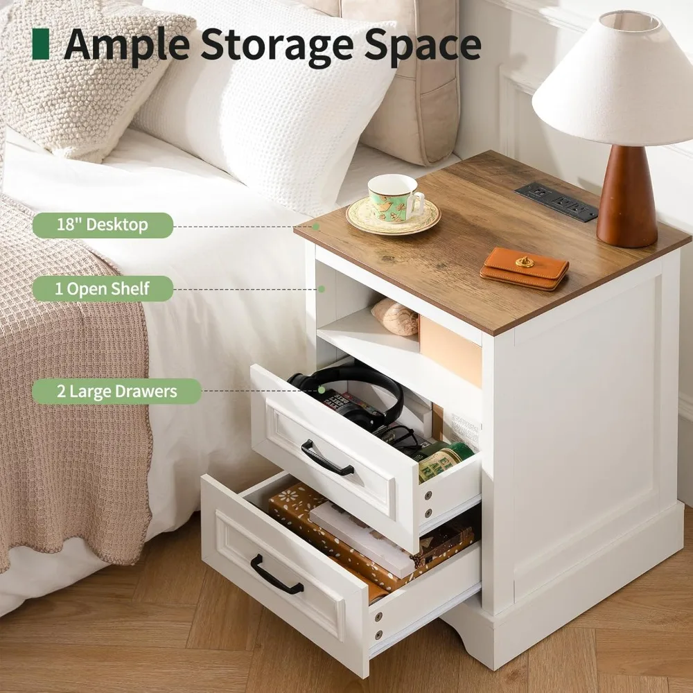 Farmhouse Nightstand with Charging Station, Wood Night Stand Set 2, 2 Drawer Nightstands Set of 2, Bedside Table with Storage, R