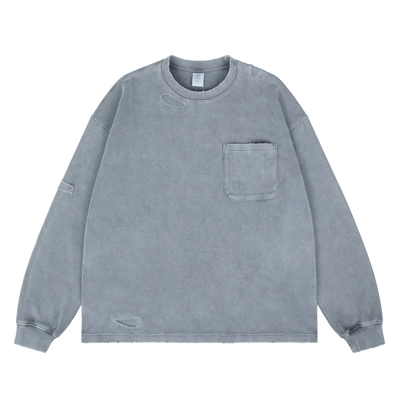 

Waffle Long Sleeve Mend Patch Pockets T Shirt Men Women High Street Casual T-shirt Vintage Washed Erosion Loose Tops Tee