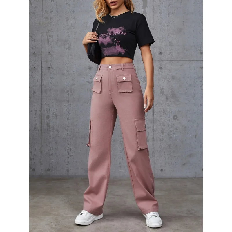 Calça reta solta feminina, cintura alta, bolso múltiplo, simples e confortável, casual, nova