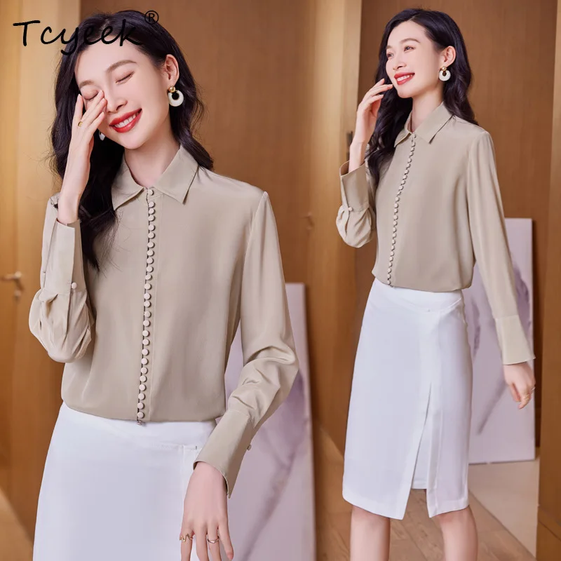 

Tcyeek 100%Pure Real Silk Shirt for Women, Lapel Neck Long Sleeve, Elegant Fashion Chic Blouses, 2024 Spring New Tops T42865QM