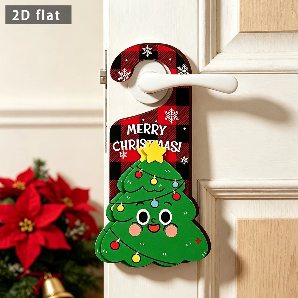 Wooden Christmas Door Hanger Sign, Cartoon Christmas Tree Doorknob Hanging Plaque, Merry Christmas Door Handle Decor