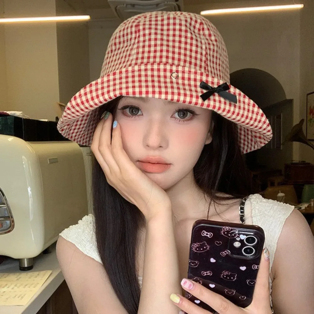 1pc Korean Plaid Bow Bucket Hat Curved Brim Slim Face Sun Headwear for Women Summer Travel Daily Matching Outdoor Wear