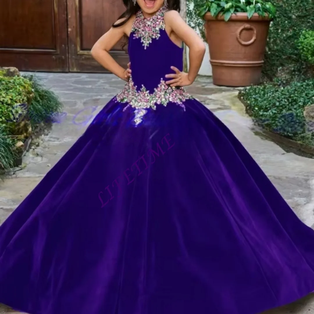 Customized elegance Green velvet ball gown Flower Girl Dress for Wedding Ceremonies Holiday Celebrations Dance Performances Birt