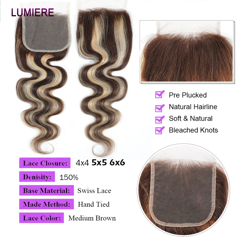Lumiere P4/27 Highlight Ombre Honey Brown Colored Body Wave HD Transparent 4x4 Lace Closure Frontal only  Pre Plucked 4x4 5x5 6x6 Swiss Full Lace Closure Only 100% Virgin Raw Remy Human Hair 13x6 Lace Frontal Only 2x6 Lace Closure 4x4 5x5 6x6 Transparent