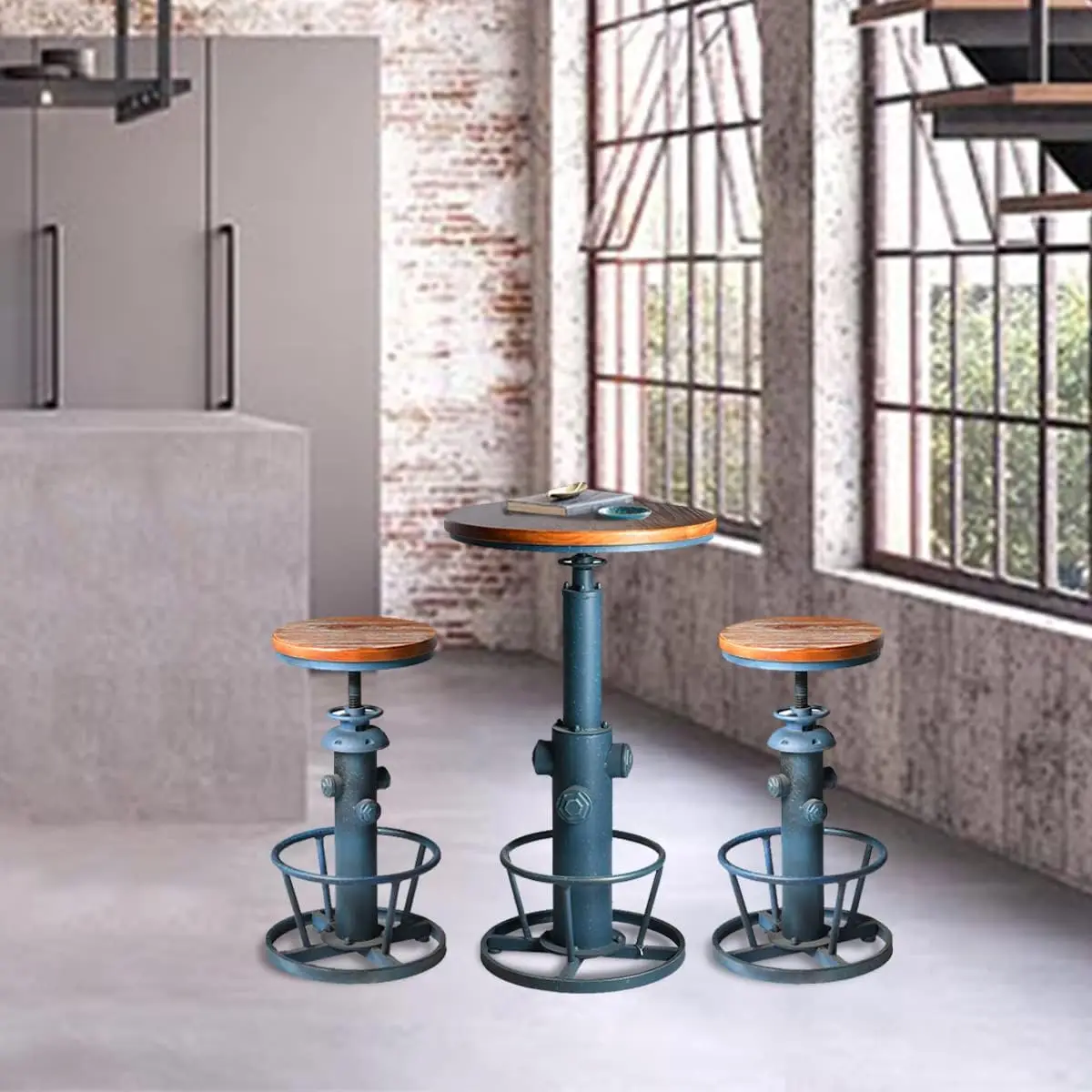 3 Piece Pub bar Set Retro Round bar Table and Stools for 2 Height Adjustable Pub Table and stools Match bar Height and Counter B