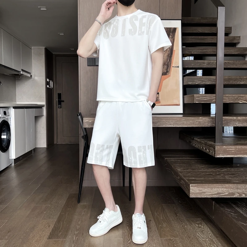 Letter Printing Summer Men's Clothing Pullover Round Neck Short Sleeve T-shirt Elastic Pockets High Waist Fashion Shorts Set