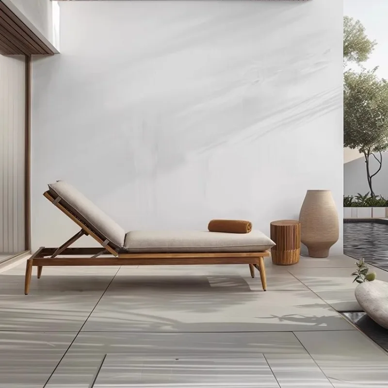 Outdoor bed, solid wood open-air villa hotel swimming pool lounge chair, waterproof homestay outdoor seaside teak beach chair