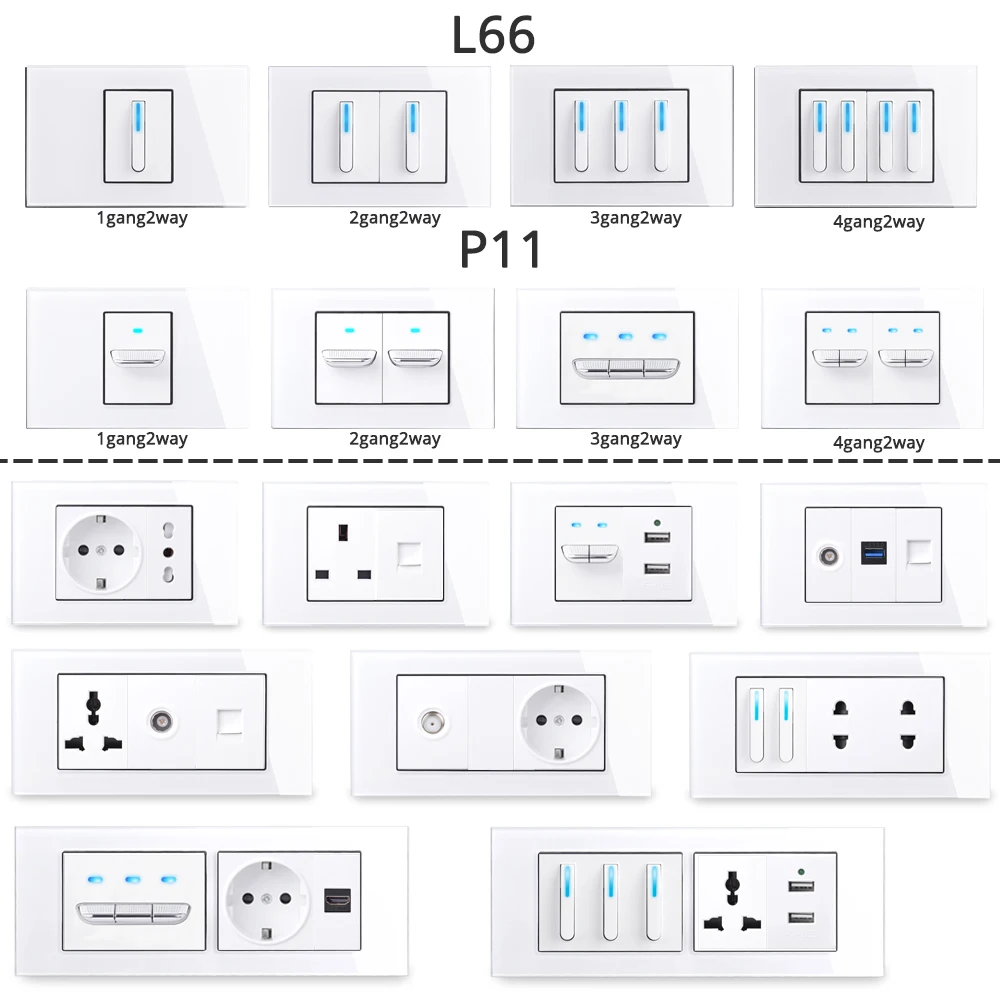 Coswall US Standard Module DIY Wall Piano Key Light Switch EU/FR/UK/Italian Standard Socket HDMI USB CAT6 Internet Glass Panel