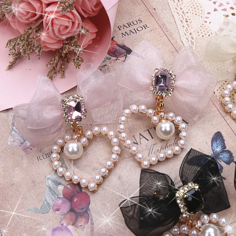 Pendientes de accesorios Lolita de estilo veraniego con Clips para sin perforación, pendientes hechos a mano con lazo suave, agujas de plata Larme Kei