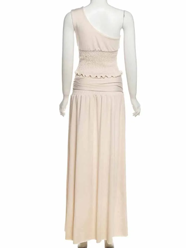 BKQU Elegant ผู้หญิง Ruched 2 ชิ้นชุดเซ็กซี่ Skew COLLAR Backless Crop Tops + หัวเข็มขัดโลหะริบบิ้นกระโปรงยาวปาร์ตี้วันหยุดชุด