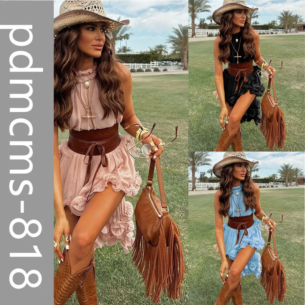 

Новинка 2021, европейский и американский весенне-летний комплект с короткой юбкой без рукавов с краями листьев лотоса INS для отдыха и отпуска, шифон с двумя пирогами