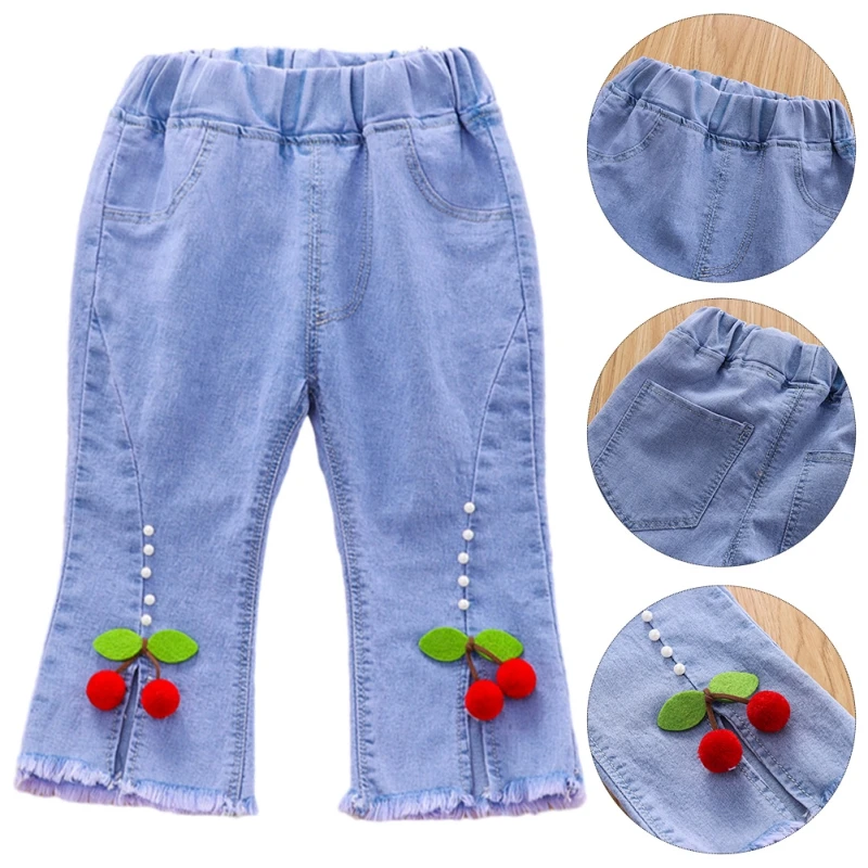 Children Jeans Girls Bow Cherry Decor Elastic Waist Denim Pant Toddler Kids Korean Style Chic Outing Seven-Point Trousers 2-7Y