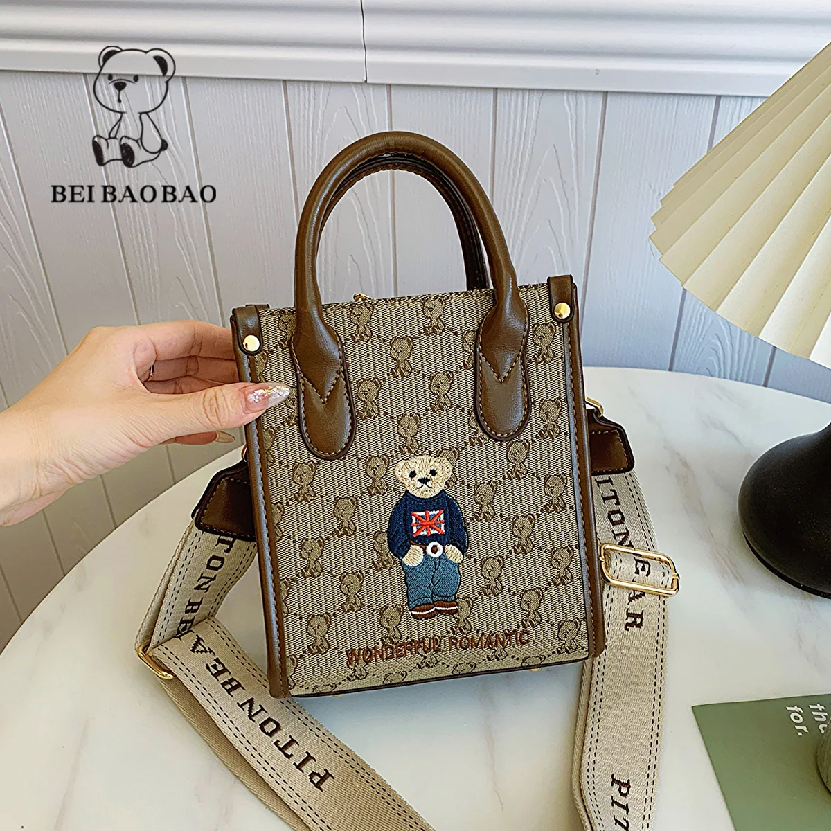 Beibaobao New 2024 Single Shoulder Crossbody Bag Universal Urban Embroidered Canvas Bear Bag Classic Women\'s Bag Handbag