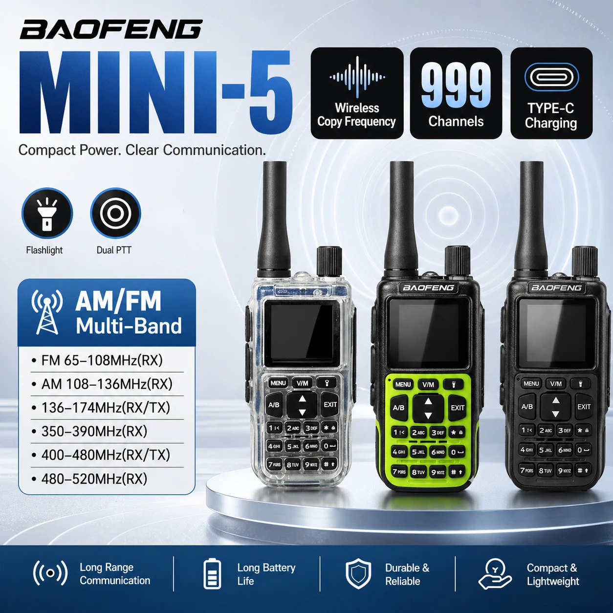 1/2PCS BAOFENG MINI-5  Walkie Talkie Upgrade UV-5R Mini 2200mAh Battery Luetooth Programming UHF/VHF Dual PTT Ham Radio For Camp