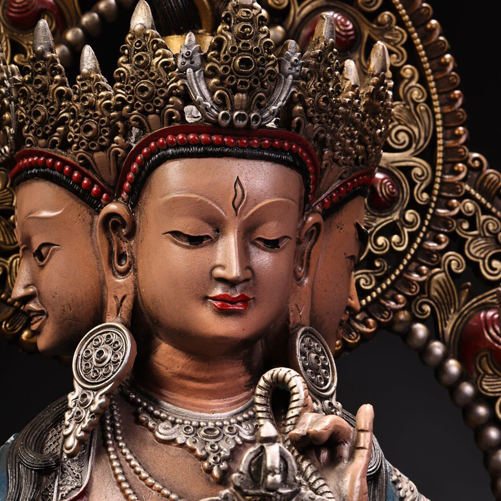 Ushnishavijaya Buddha Figurine Antique Copper Painted Gold Serene Face Heavy Patina Tibetan Buddhist Altar Decor Collectible