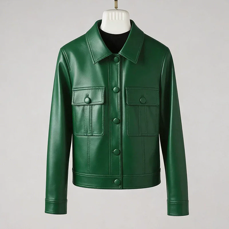 

New Women Spring Autumn Split Leather Jacket Fashion Turn-down Collar Single Breasted Casual Jacket Simplicity Daily Coat