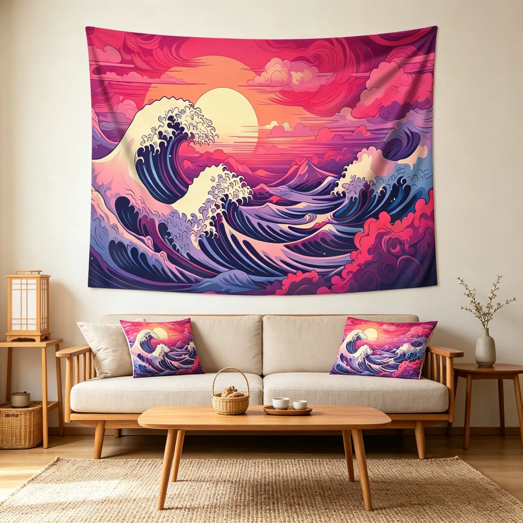 1PC Pink Wave Sun Ukiyo E Print Backdrop Banner, Bedroom Living Room Photo Background, Polyester, Home Decor, Wall Art