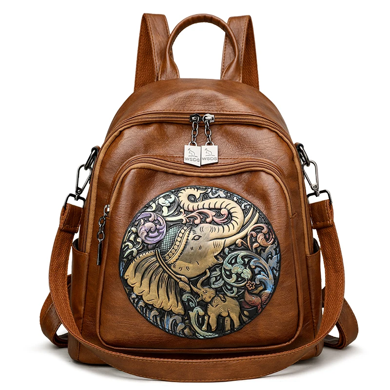 Trendy Chinese Style Embroidered Sheepskin Backpack, High-quality Lucky Elephant Multi-purpose Backpack, Casual School Bag