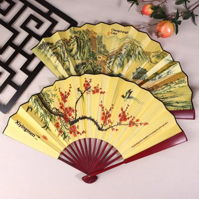 33cm Chinese Retro Folding Fan, Bamboo Handle Silk Hand Fan, Classical Dance Fan for Party & Summer Cooling