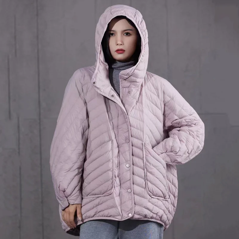 Women's Hooded Lightweight Puffer Coats, Large Pockets Parka, Monochromatic, Simple, Casual Down Jacket, Loose Warm Coats