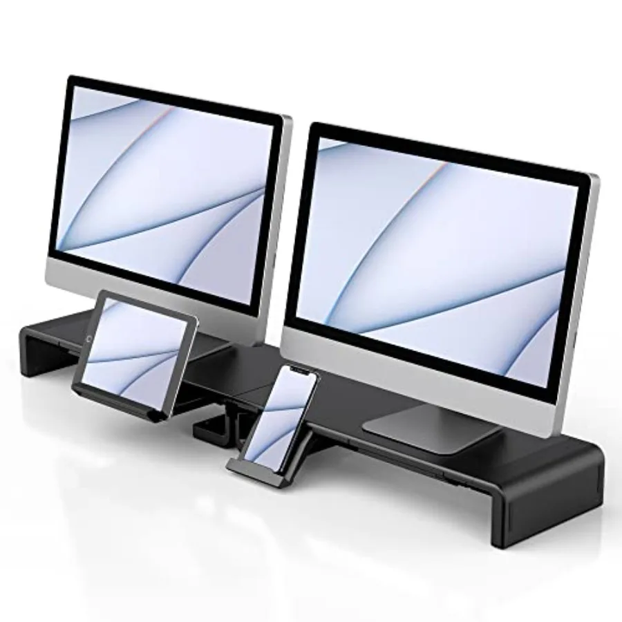 Monitor Stand Riser for Desktop Use Aluminum Alloy Black Foldable Height Adjustable with Storage Drawer Tablet Phone Stand