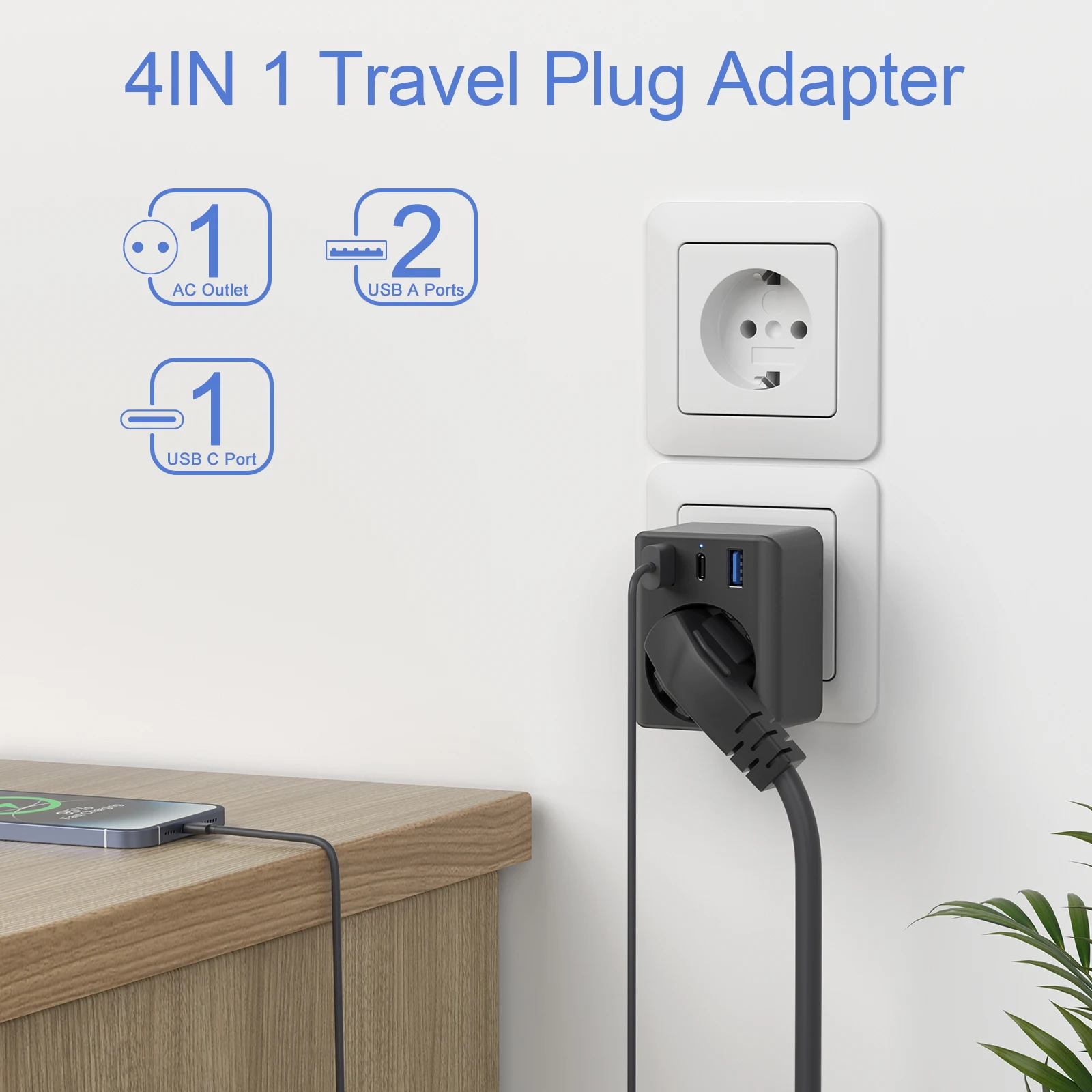 EU to EU Portable Travel Adapter (4000W,16A) with 1 AC and 3 USB (20W USB-C included), essential for business trip, home, office