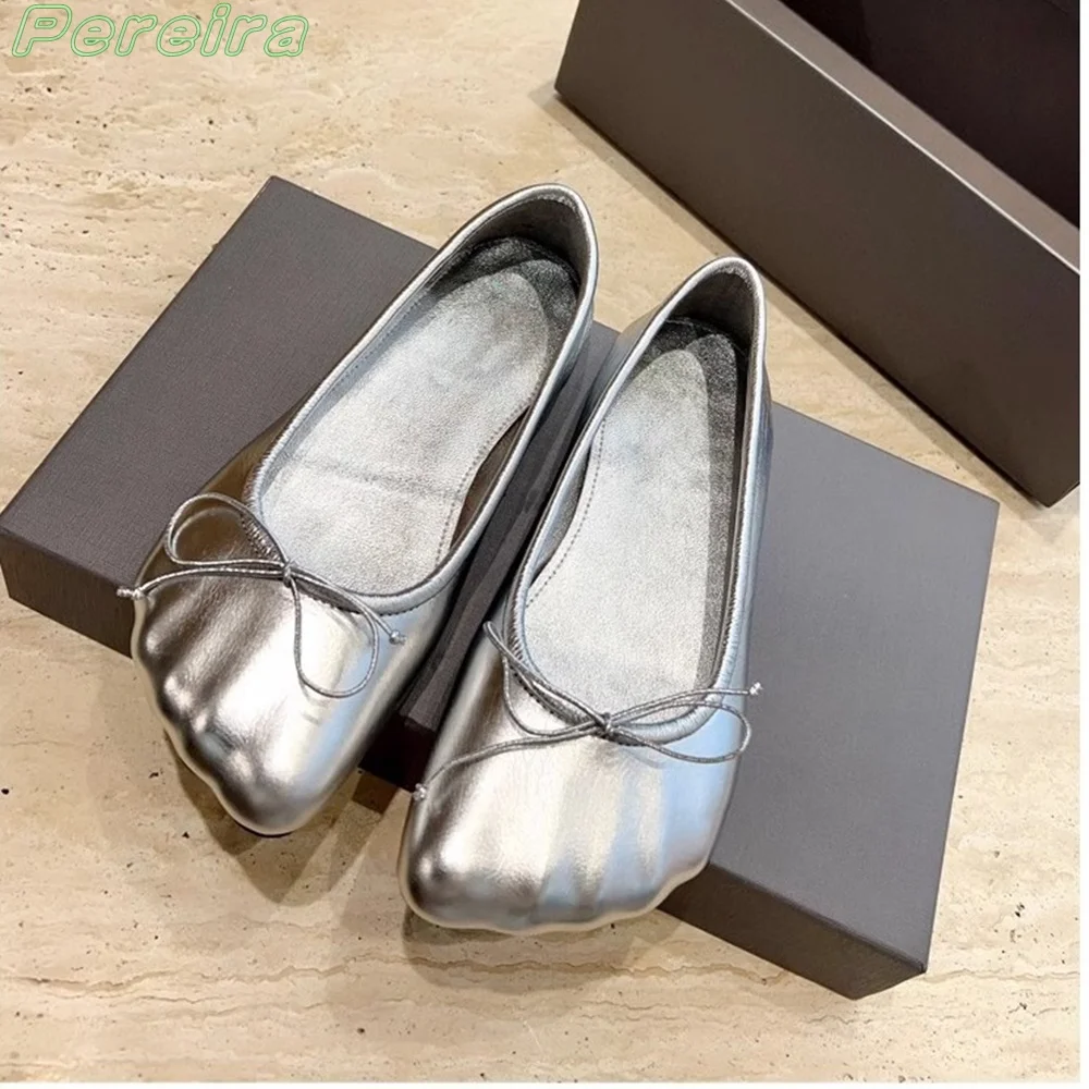 Pereira Butterfly-Knot Pumps Round Toe Ballet Shoes 2024 Spring Summer Flat Shoes Women Silver Fashion New Arrivals