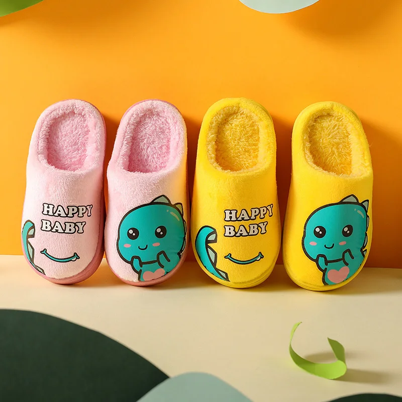 Cartoon Dinosaur Winter Warm Slippers for Kids Boys Girls Non-slip Thickness Soft Soled Slippers for Children Home Plush Shoes