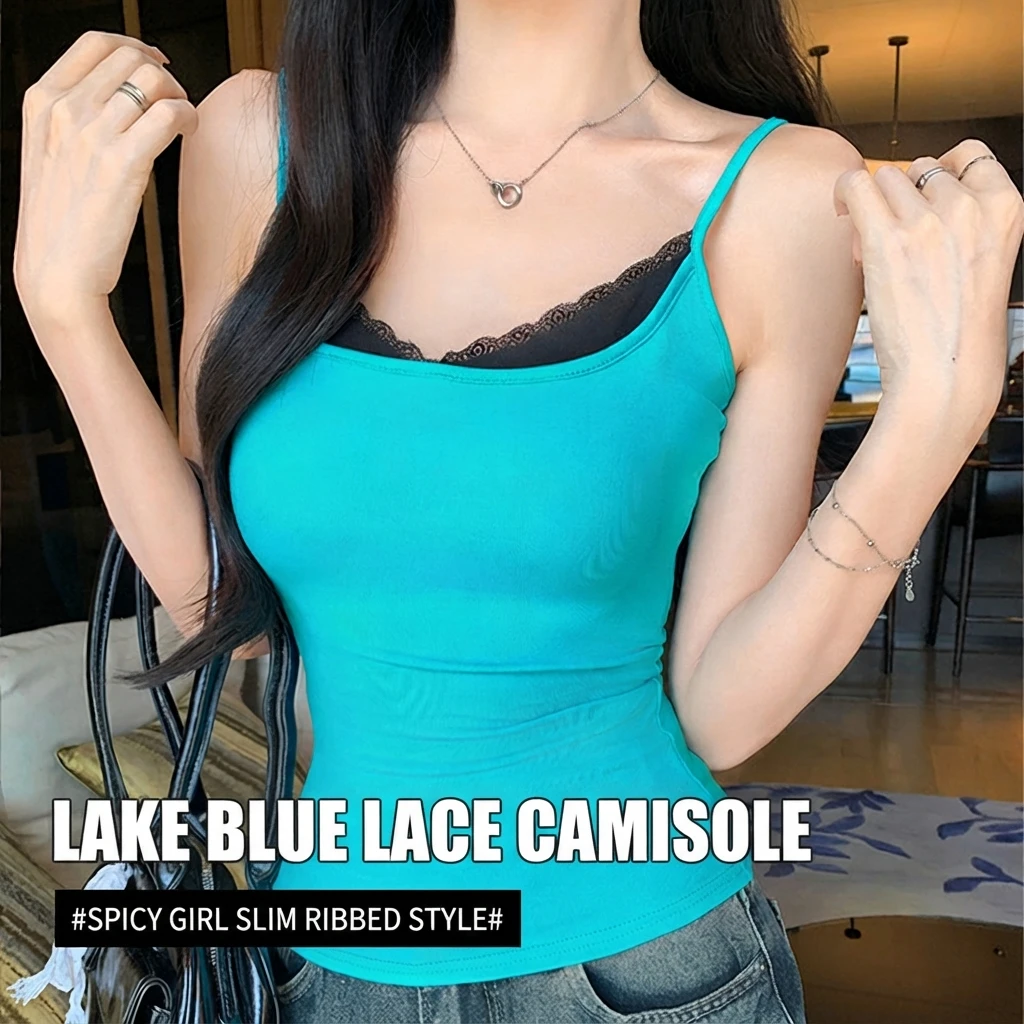 Women Lace Splicing Tank Top Cotton Slim Fit 3D Effect Sweet Sexy Summer Camisole Vest Commuter Style