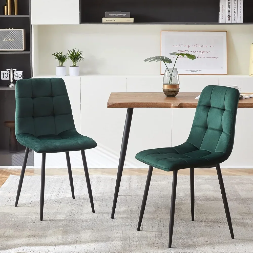 Forest Green Velvet Dinner Chairs Set of 4, Modern Armless Biscuit Tufted Dining Side Chairs with Metal Legs for Kitchen