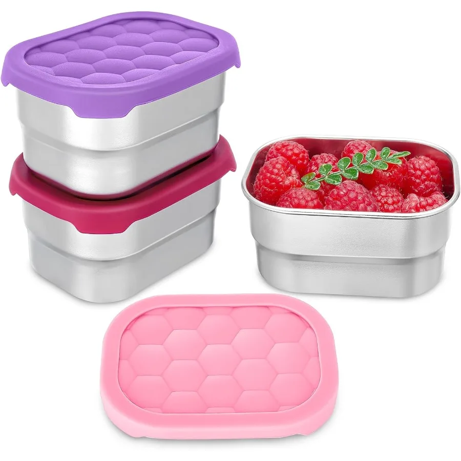 

3 Pack Stainless Steel Snack Containers for 8 oz Easy Open Leak Proof Small Toddler Snack Containers with Silicone Lids Stackab