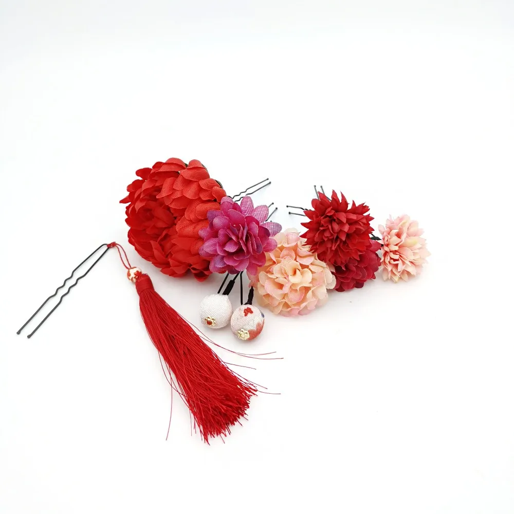 

Japanese Style Flower Hair Forks Handmade Flower Japanese Kimono Hair Clips Vintage Cloth Tassels Hair Stick Kimono Accessory