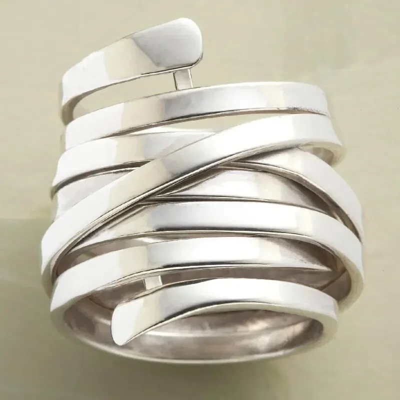 2024 New Korean Style Creative Copper Ring Women's Exaggerated Fashion Smooth Multi Layer Wrapped  Geometric Lines