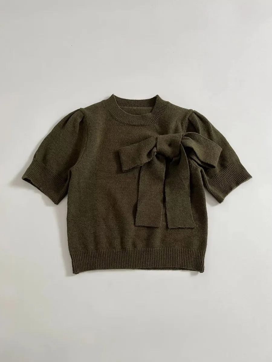 TWOTWINSTYLE Vintage Elegante Pullover für Frauen Halb Hohen Kragen Kurzarm Patchwork Bowknot Abnehmen Kurze Strickwaren Weibliche