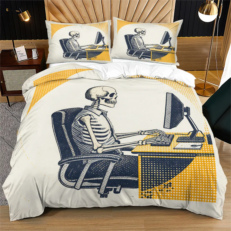 Skeleton Office Worker Duvet Cover Set Gothic Skull Typing On Computer Print Quilt Cover Set Vintage Cozy Bedding Set Home Decor