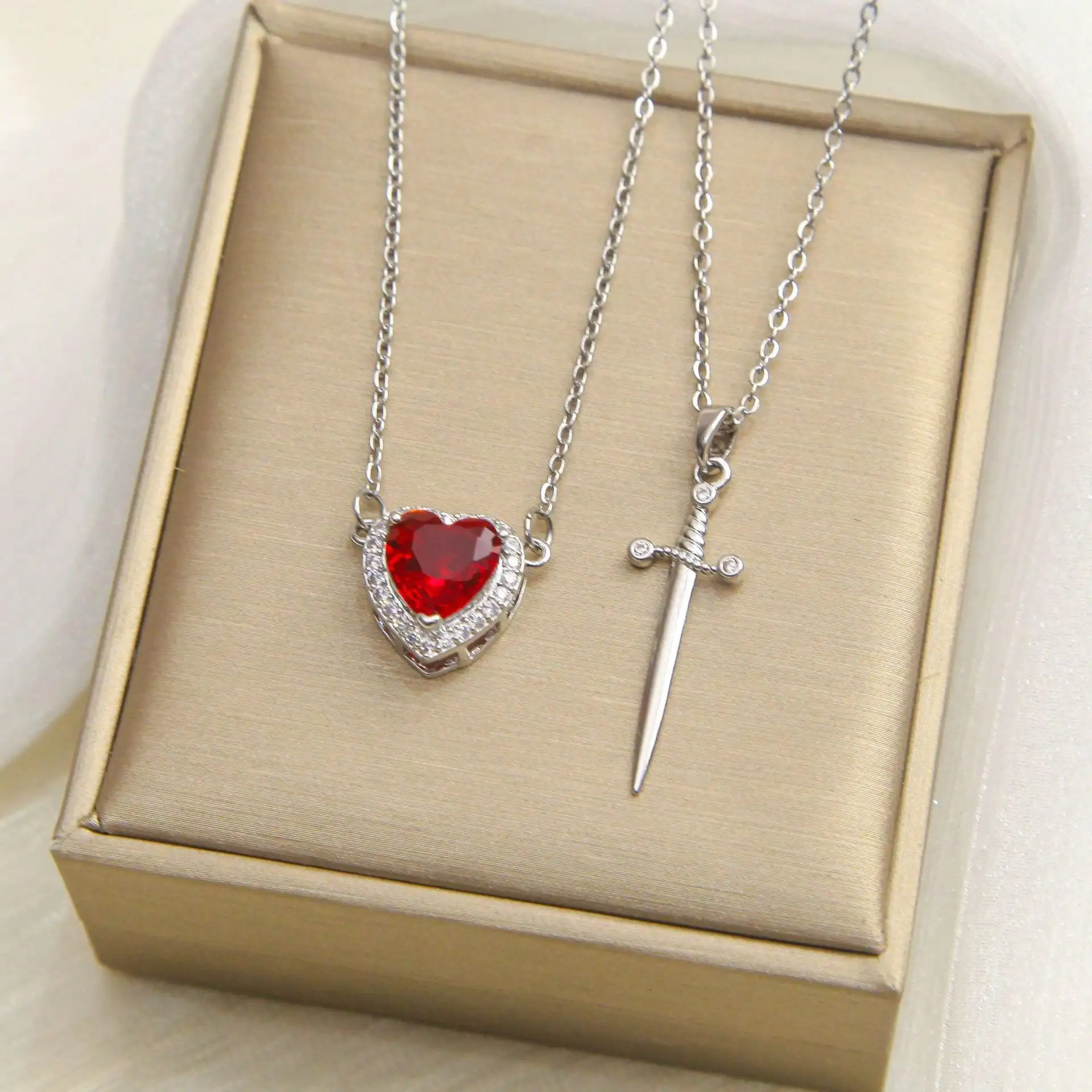 

Heart and Sword Pendant Necklace Set in Silver-Tone with Red Crystal