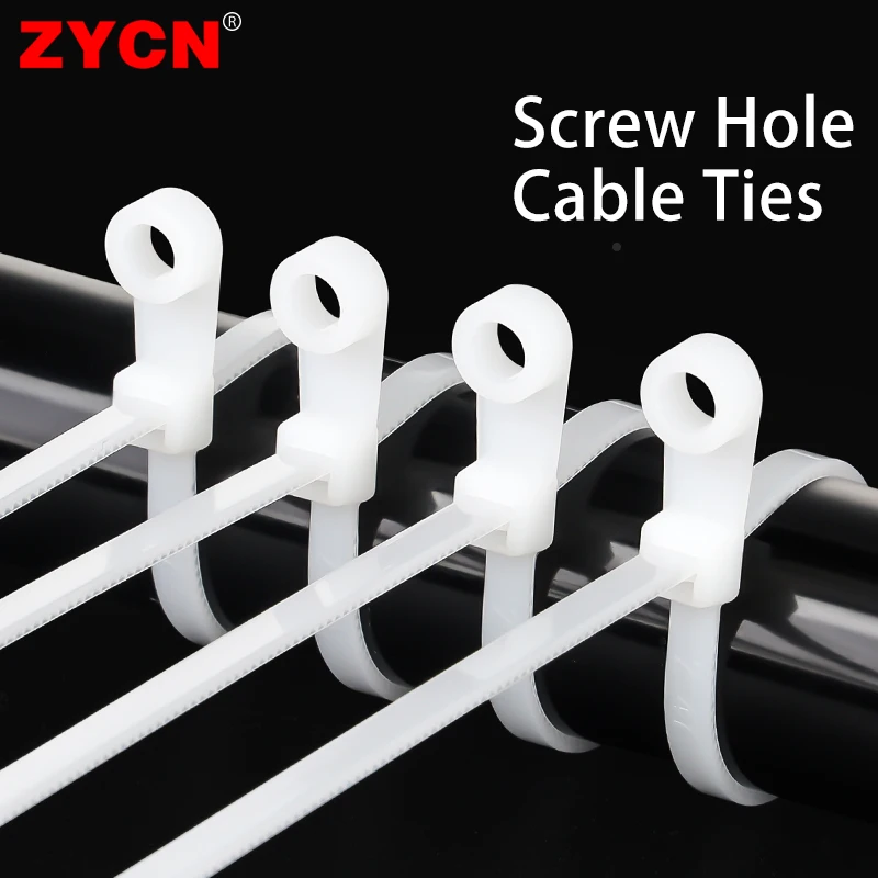 100Pcs 4x150/200mm Nylon cable zip ties with screw hole Mount Loop Wrap Zip Bundle Slipknot Fixed Head Buckle Self-locking