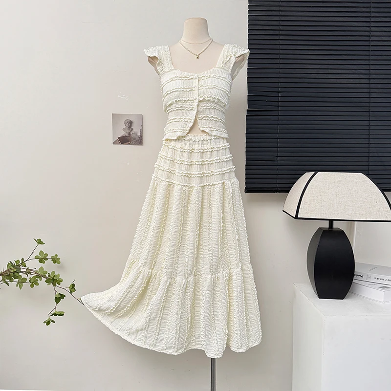 2025 nuevo verano mujeres de un solo pecho Mini camisola + cintura elástica una línea falda larga 2 uds conjunto trajes estilo playa