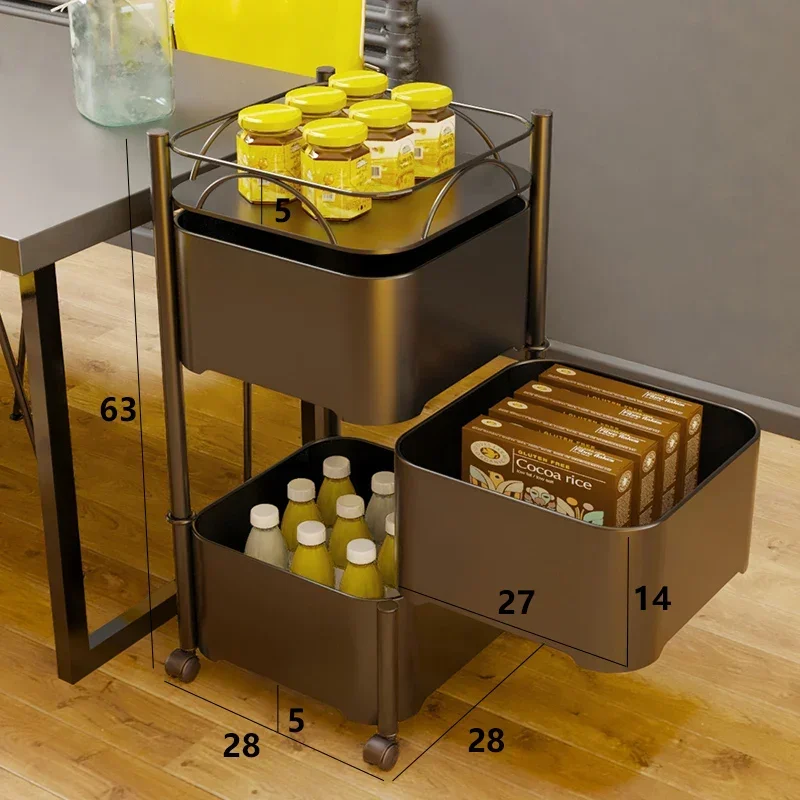 Rotatable Kitchen Cart Furniture Storage Shelf Living Room Side Table Storage Rack Trolley Rolling Storage Cart with Drawers