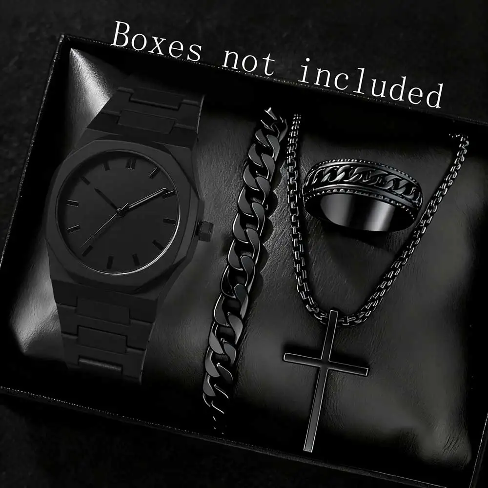 2/4PCS Black Men's Watch Set Fashion Trend Simple Lines Scale Dial Quartz Watch Jewelry Set Suitable for Daily Clothing Matching