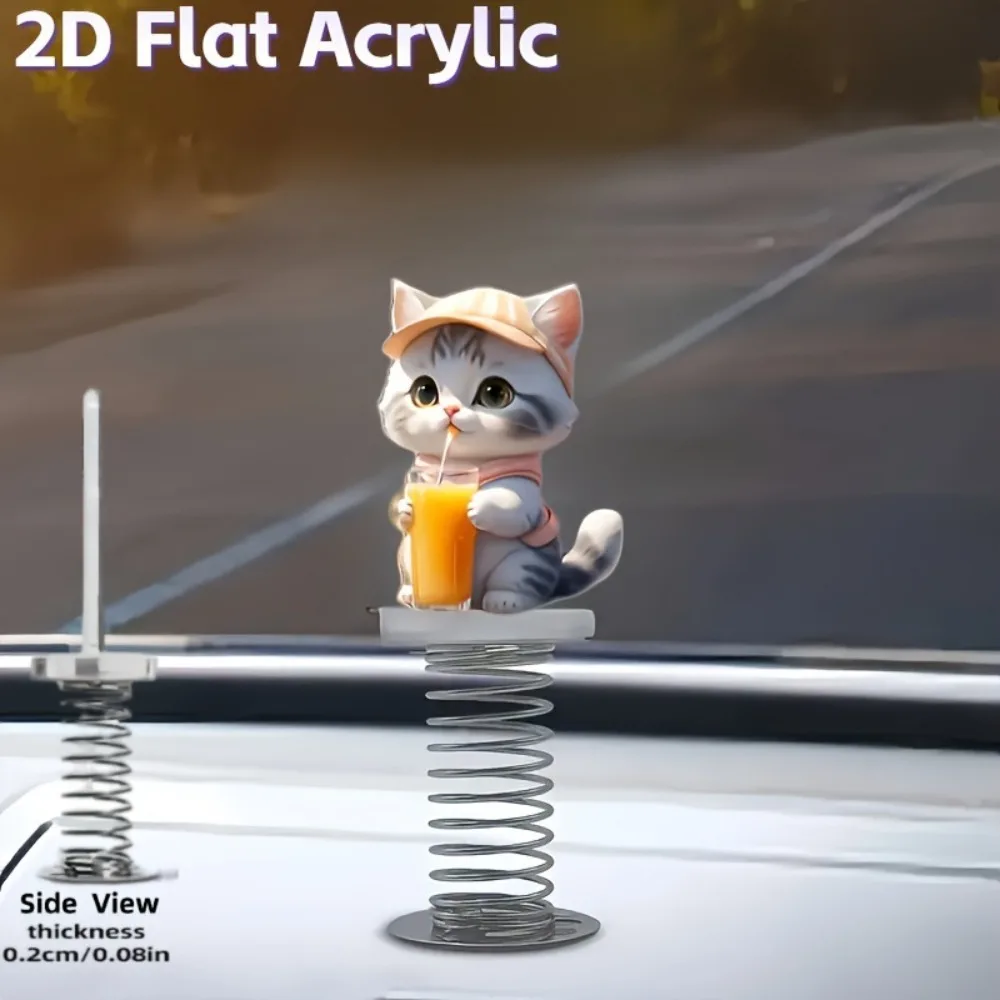 2D Flat Cat Car Dashboard Decor Acrylic Dancing Shaking Head Cat Cartoon Bobble Dashboard Decorations Interior Accessories