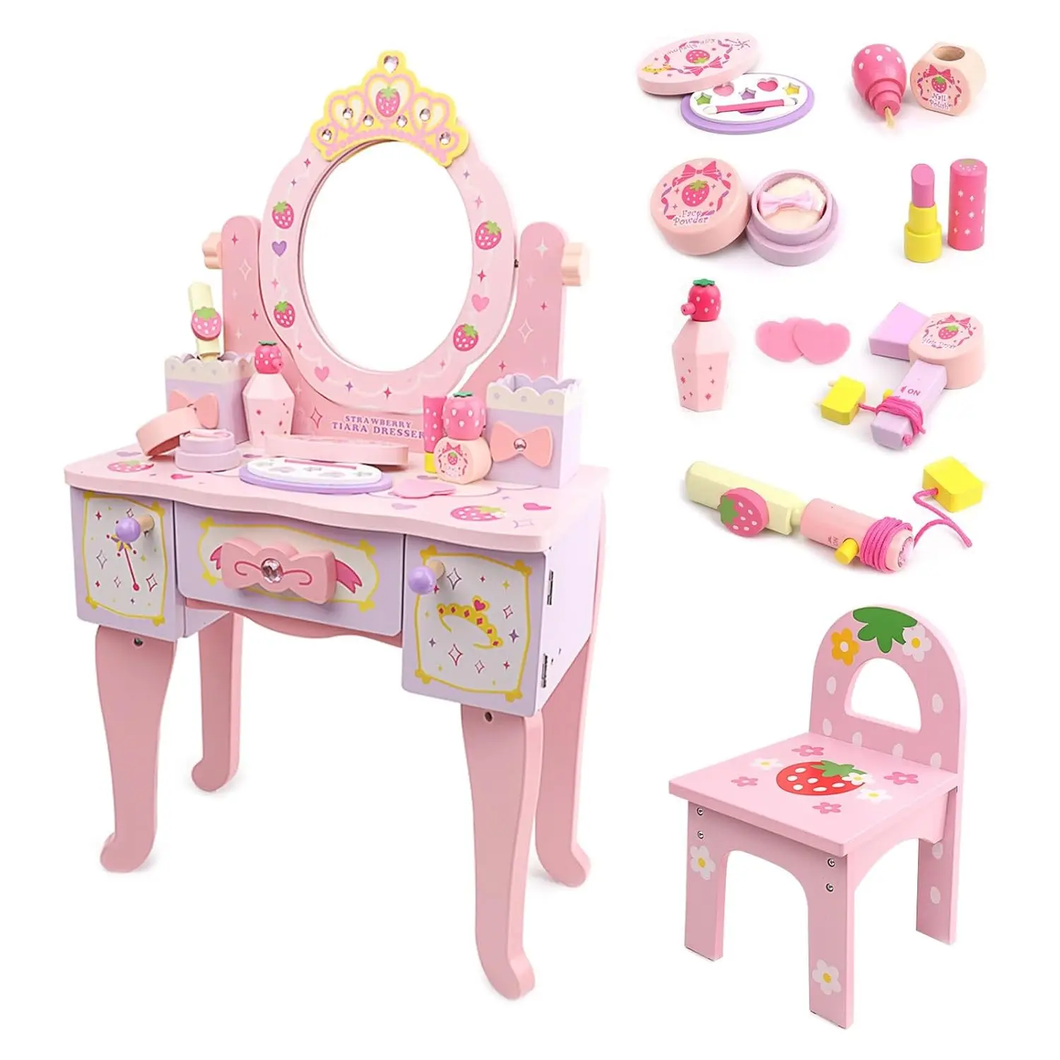 #Pink Strawberry Wood Vanity Desk Mirror Drawers Rotating Girls Bedroom Dressing Table Chair