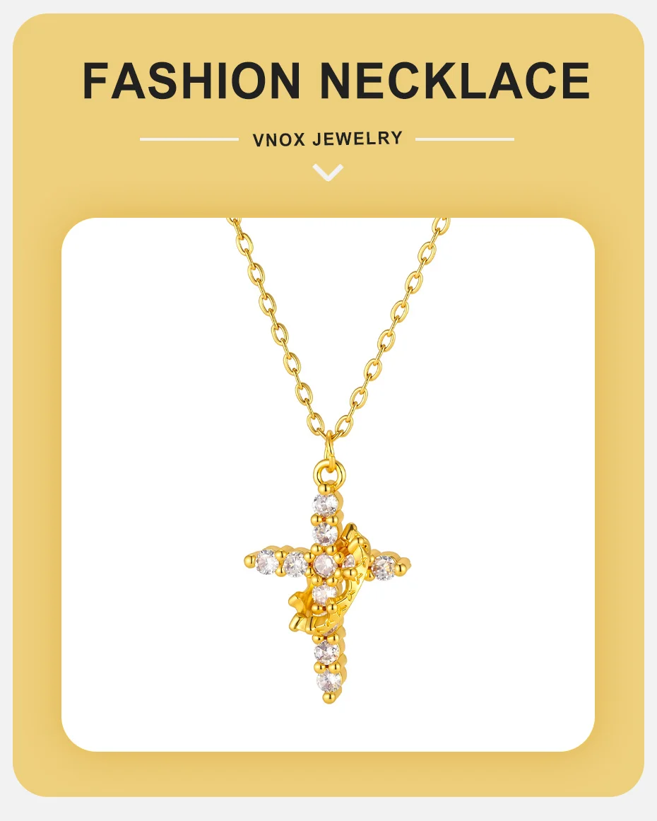 Vnox Drehbare Kronen-Kreuz-Halskette für Frauen 18K Vergoldeter Drehbarer Zirkon-Kreuz-Anhänger Halskette Christlicher Gebetsschmuck – Detail 1