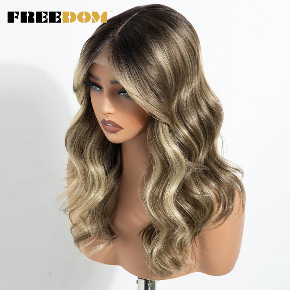 FREEDOM Synthetische Lace-Front-Perücken für Frauen, 18 Zoll, Ombre Braun-Braunblond, gewellte Perücke mit Pony, Highlight-Perücke für den täglichen Gebrauch – Detail 6