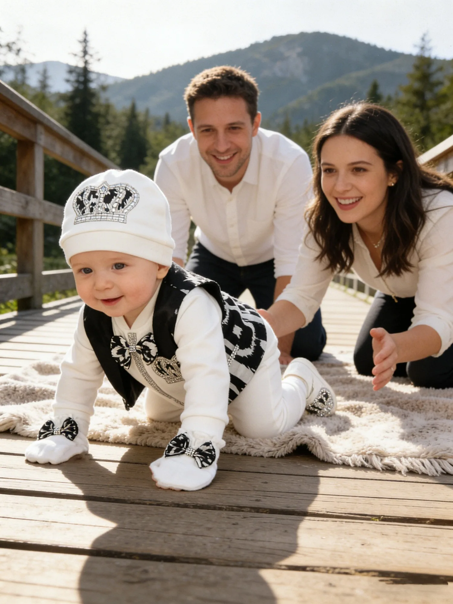Newborn Boy Formal Outfit - Black White Print Tuxedo for Baptism & Photoshoot
