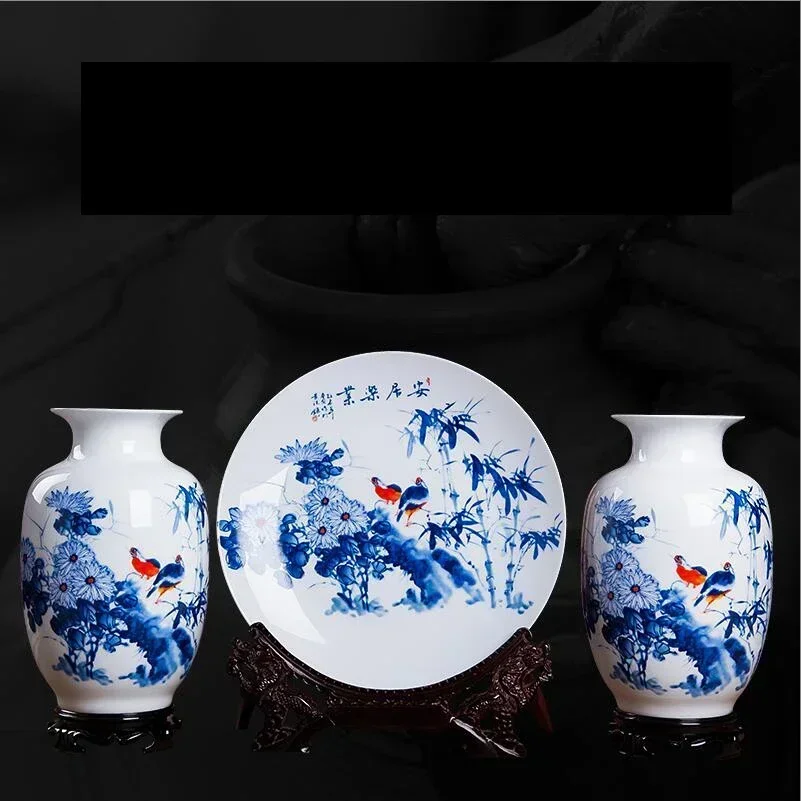 3PCS Jingdezhen Ceramic Vases Chinese Flower Ornaments Porcelain Bottle Ceramic Dishes Home Furnishing Decoration Plates Crafts