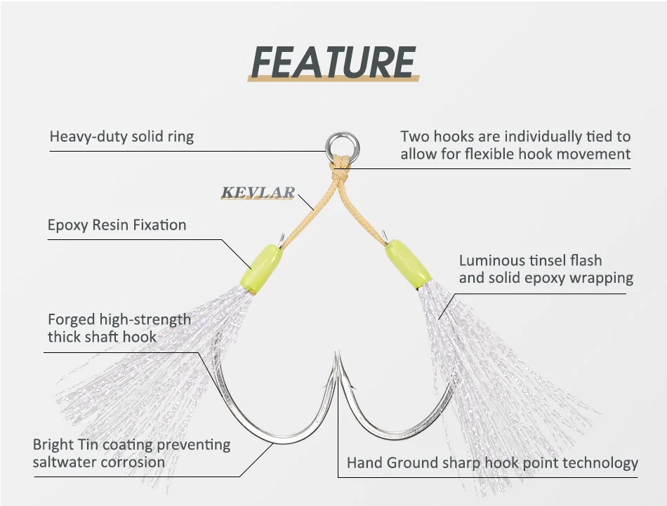 Noeby Slow Pitch Jigging Assist Rig Haken 2 Stück Kevlar Line Shaft Hook Point Slow Jigs Seefisch haken – Detail 2