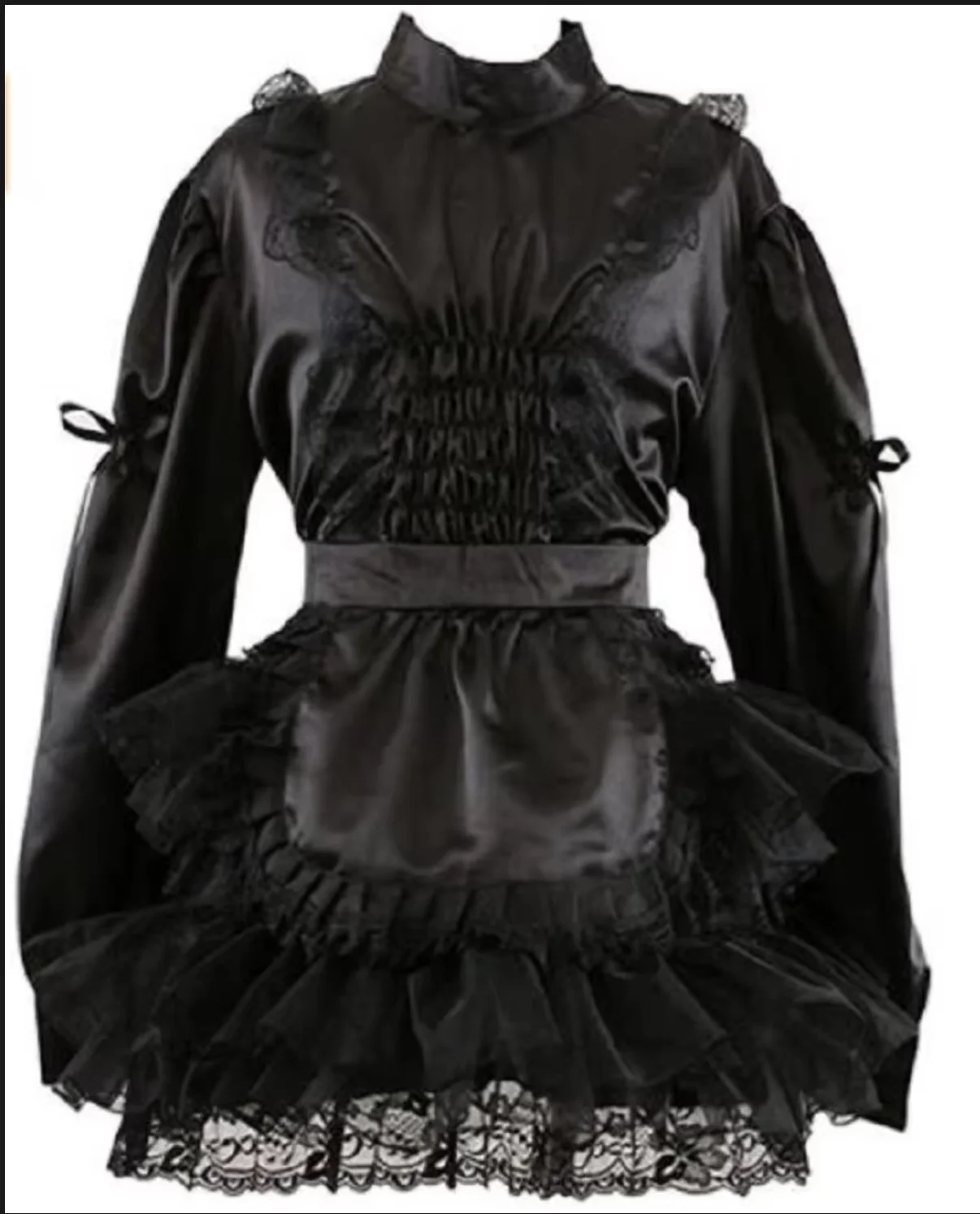 Gothic Lolita Clothes  Sissy Lockable Black Satin Lace Waist Tight Maid Uniform Can Be Customized