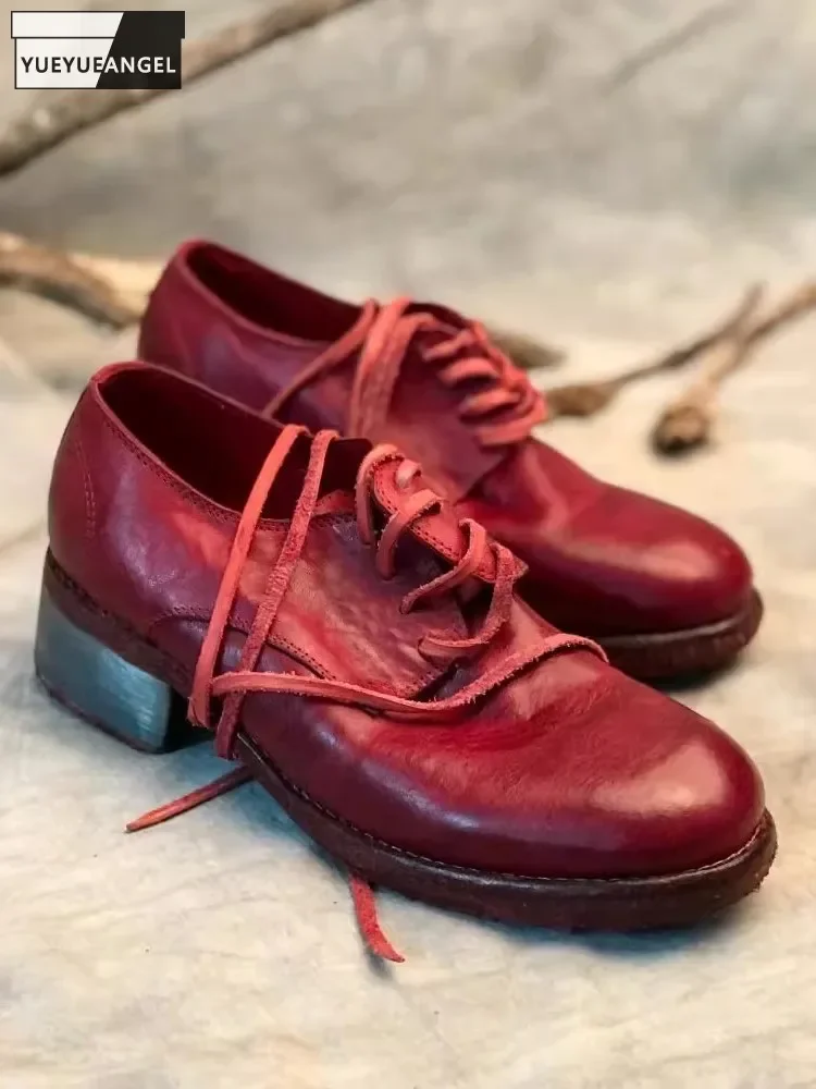 Handmade Mens Low Cut Round Toe Block Heels Lace Up Horsehide Genuine Leather Formal Dress Vintage Business Work Dress Shoes